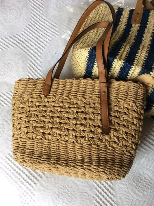 Sac fourre-tout en osier tressé avec anses cuir – Neuf