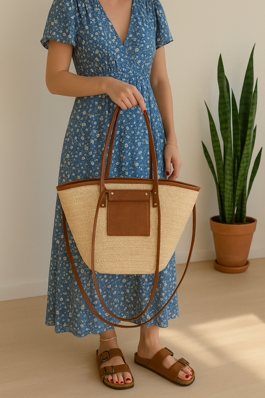 Sac cabas paille tressée effet cuir brun – Neuf