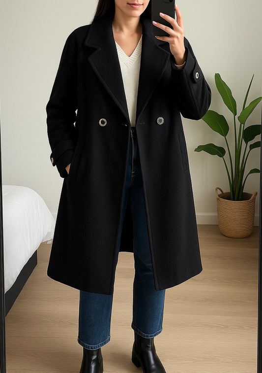 Manteau long laine et cachemire noir vintage T.38 oversize
