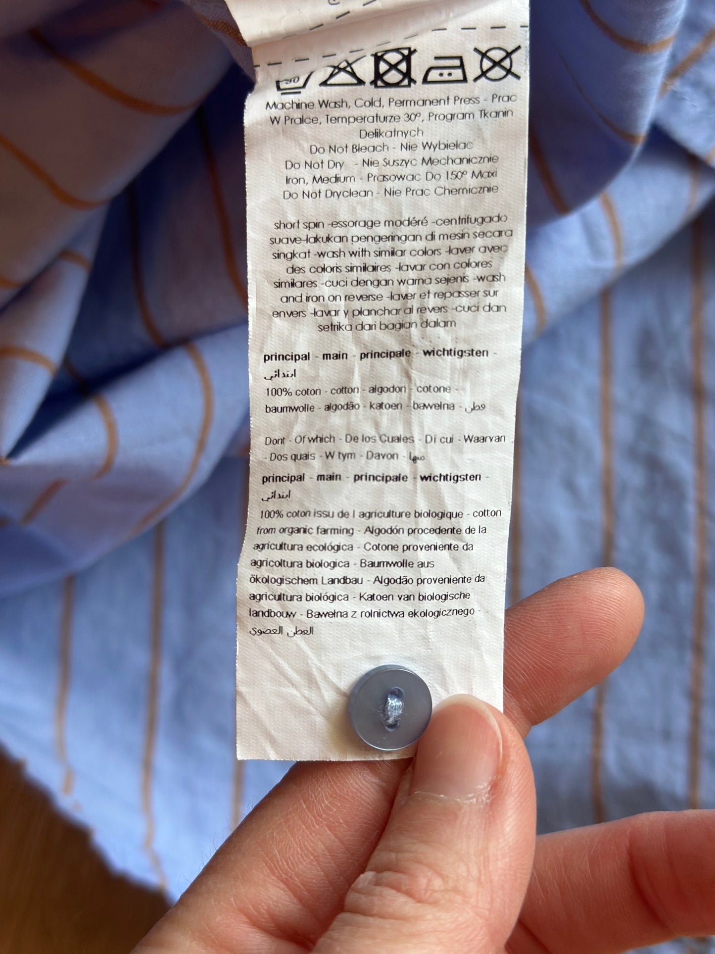 Chemise rayée bleu ciel et camel en coton bio T.34 oversize