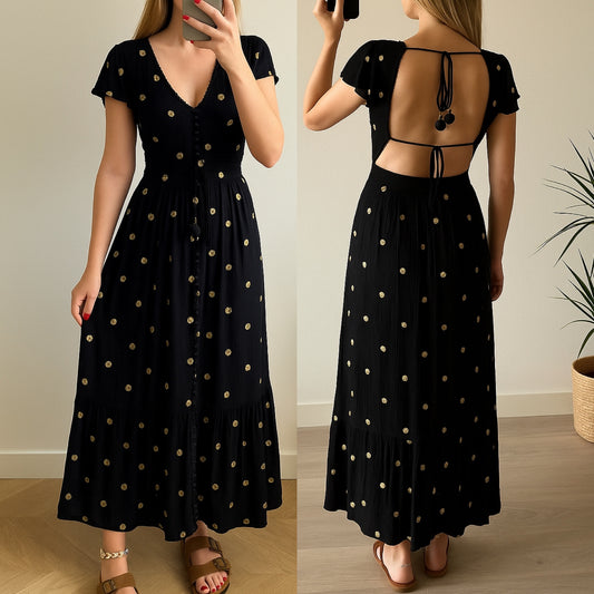 Robe longue noire à sequins dorés T.36
