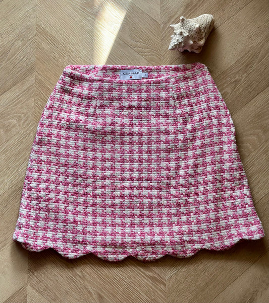Jupe tweed motif pied-de-poule rose et blanc T.36