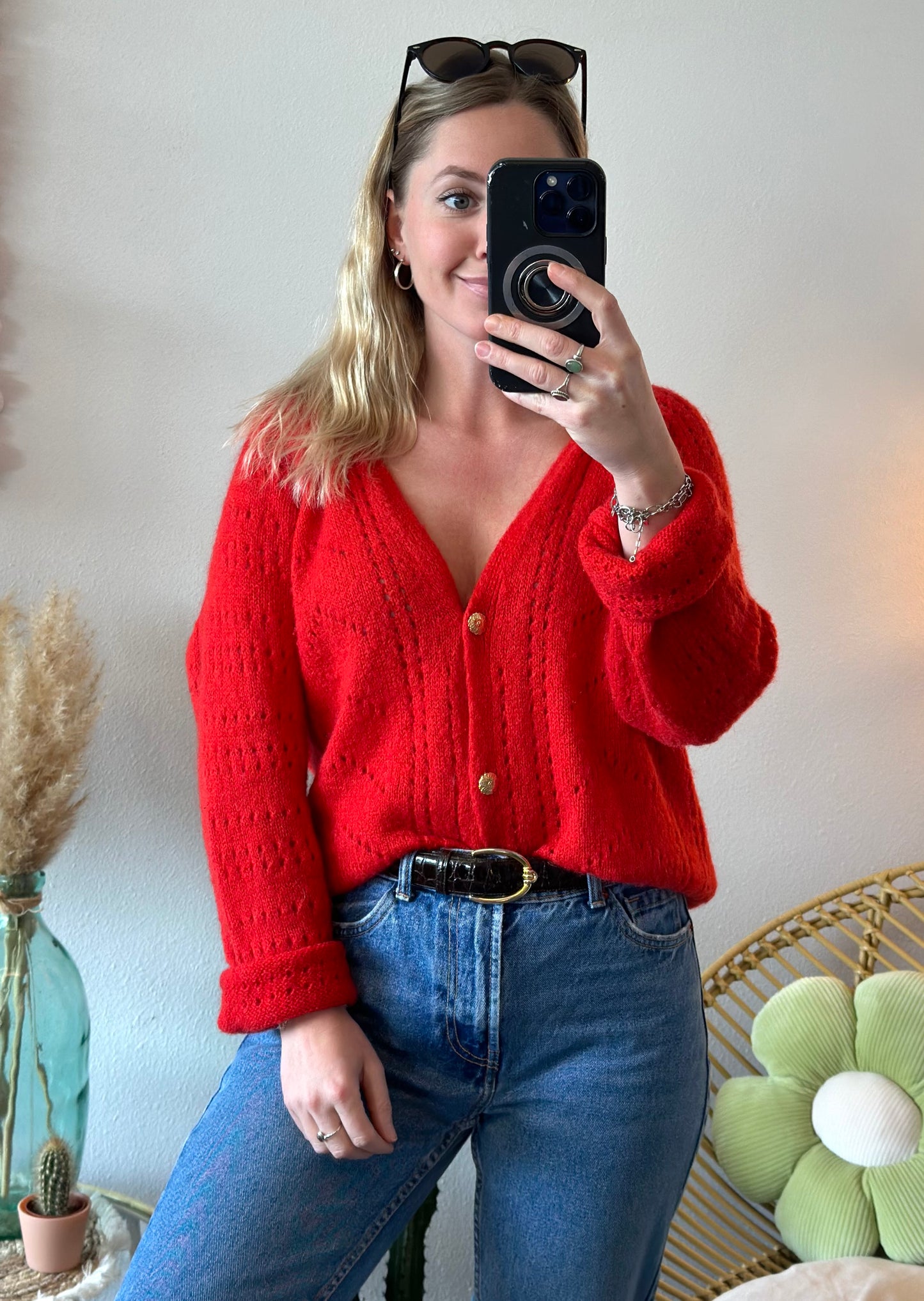 Cardigan en maille ajourée rouge mohair et laine T.U