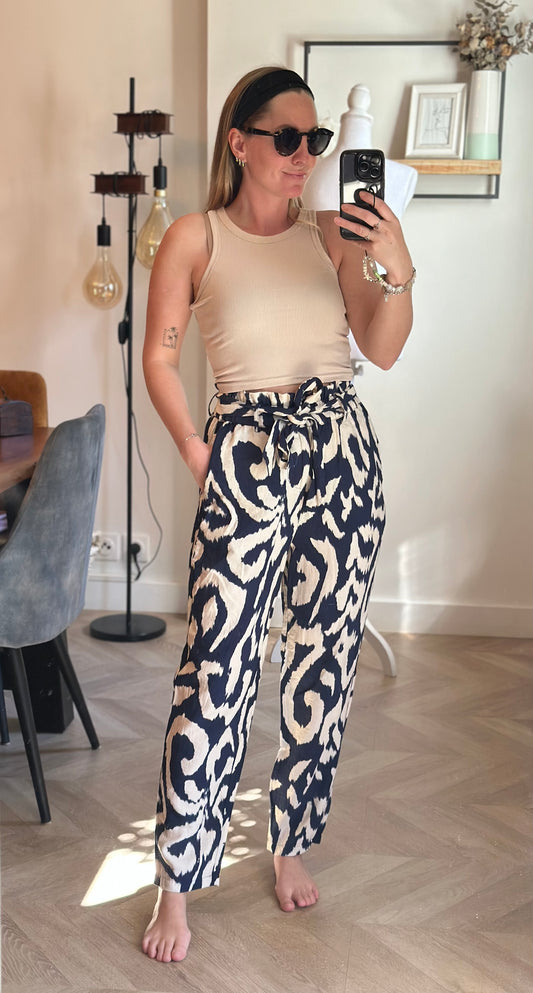 Pantalon droit imprimé bleu écru taille haute fluide T.34
