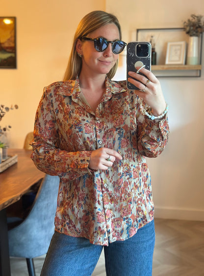 Chemise fluide fleurie beige irisée T.36