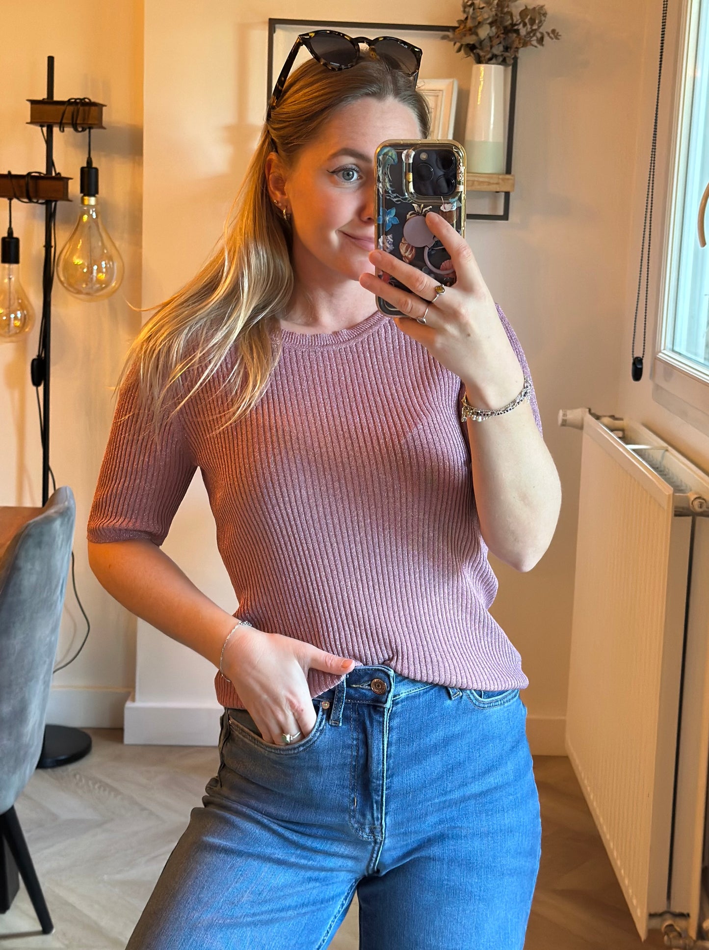 Pull manches courtes maille côtelée parme viscose T.40