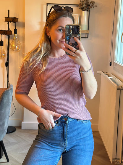 Pull manches courtes maille côtelée parme viscose T.40