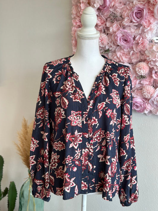 Blouse bohème bleu à imprimé fleuri rose et crème T.42