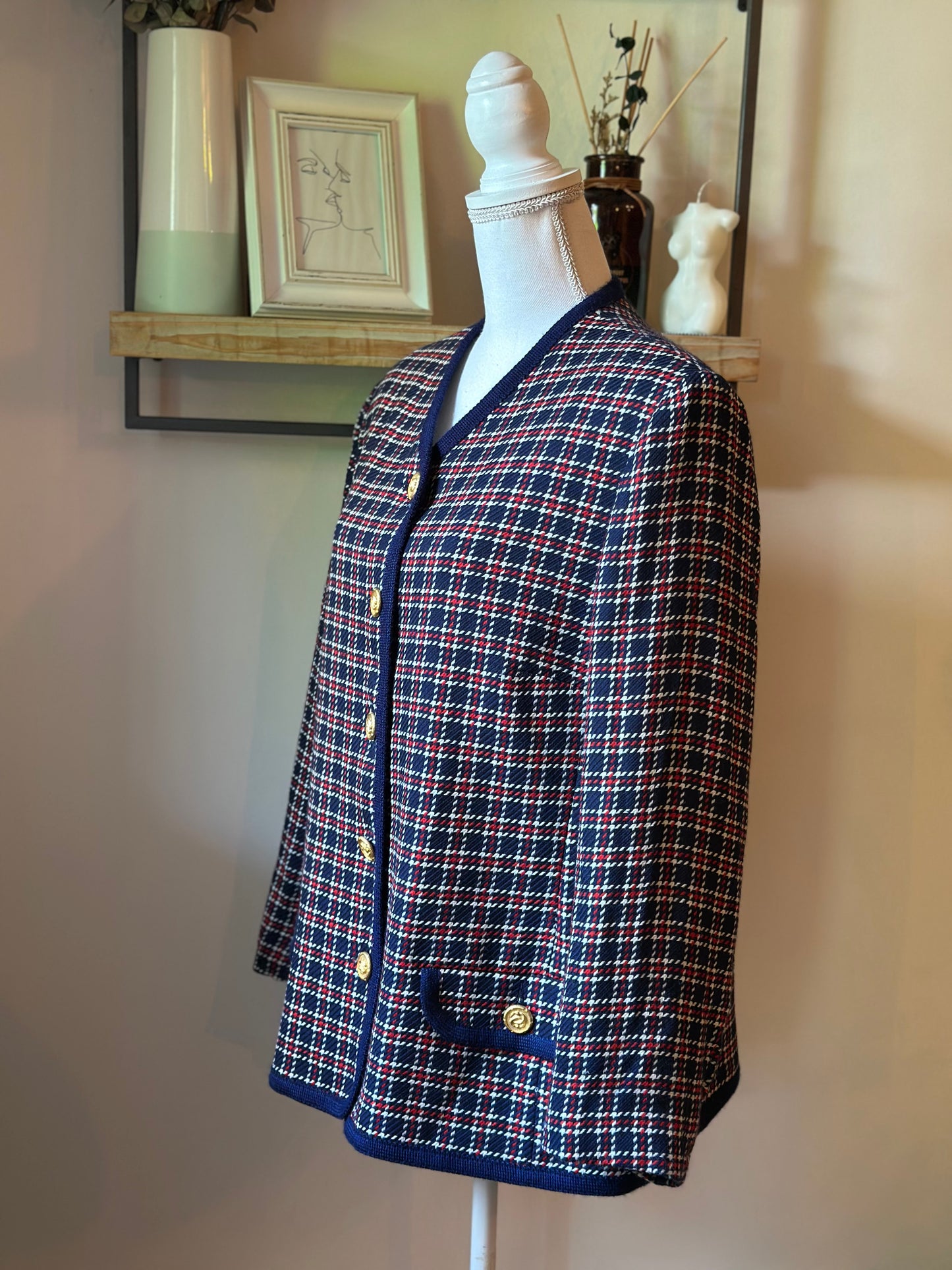 Veste vintage laine à carreaux bleu marine rouge et blanc T.42