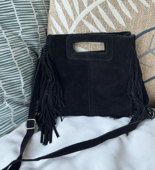 Sac à franges daim noir cuir Italie – bandoulière amovible