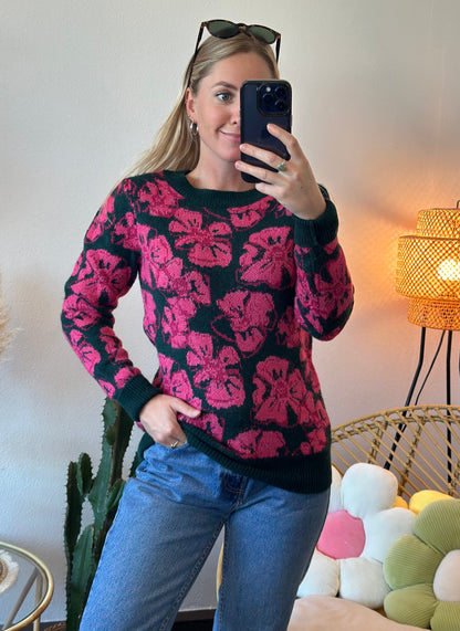 Pull en maille « Puebla » vert sapin à motif fleuri rose, T.34