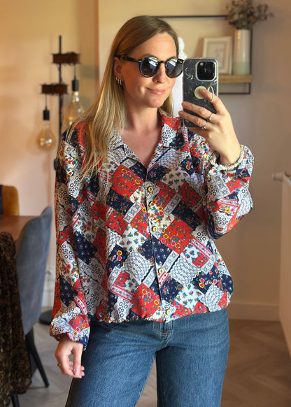 Chemise vintage imprimé patchwork fleuri made in France T.U