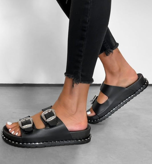 Sandales western à boucle épaisse noir/argent P.36