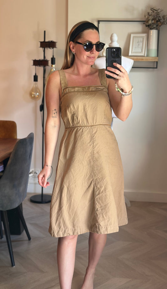 Robe mi-longue lin beige Caroll bretelles larges coupe fluide - taille 38