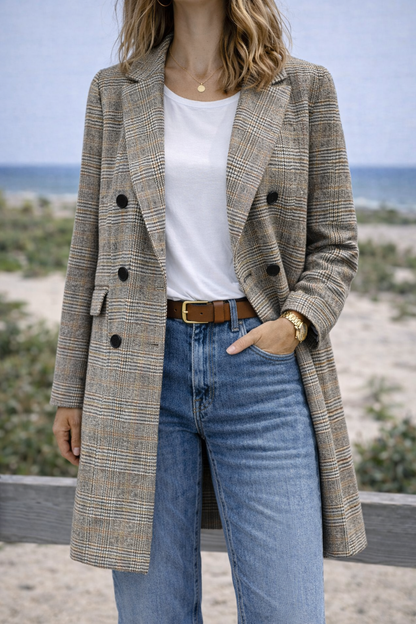 Manteau long pied-de-poule en laine T.34