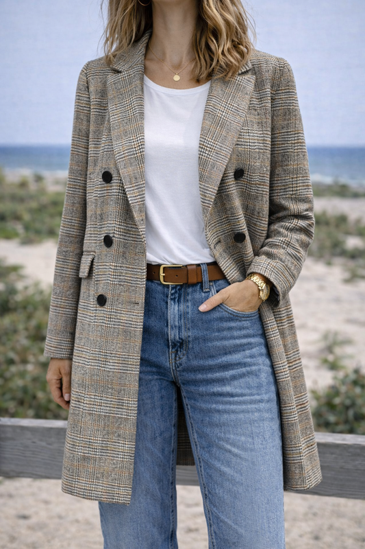 Manteau long pied-de-poule en laine T.34