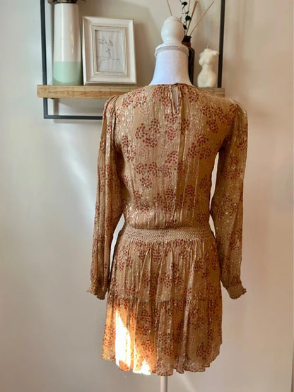Robe midi imprimé fleuri beige nude et lurex doré taille 34