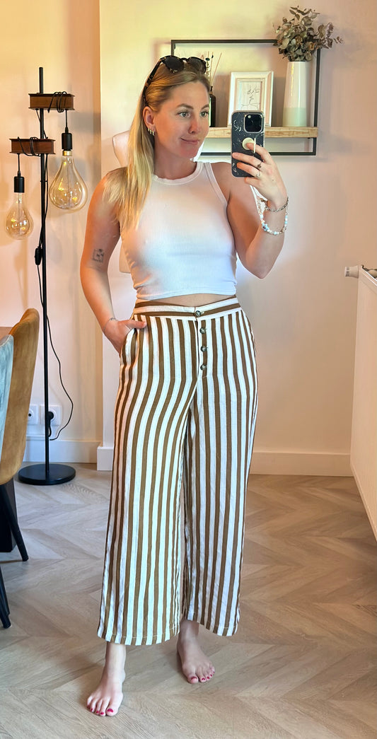 Pantalon large rayé lin coton fluide été beige & marron T.34