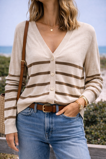 Cardigan en maille fine blanc à rayures marron clair T.36 oversize