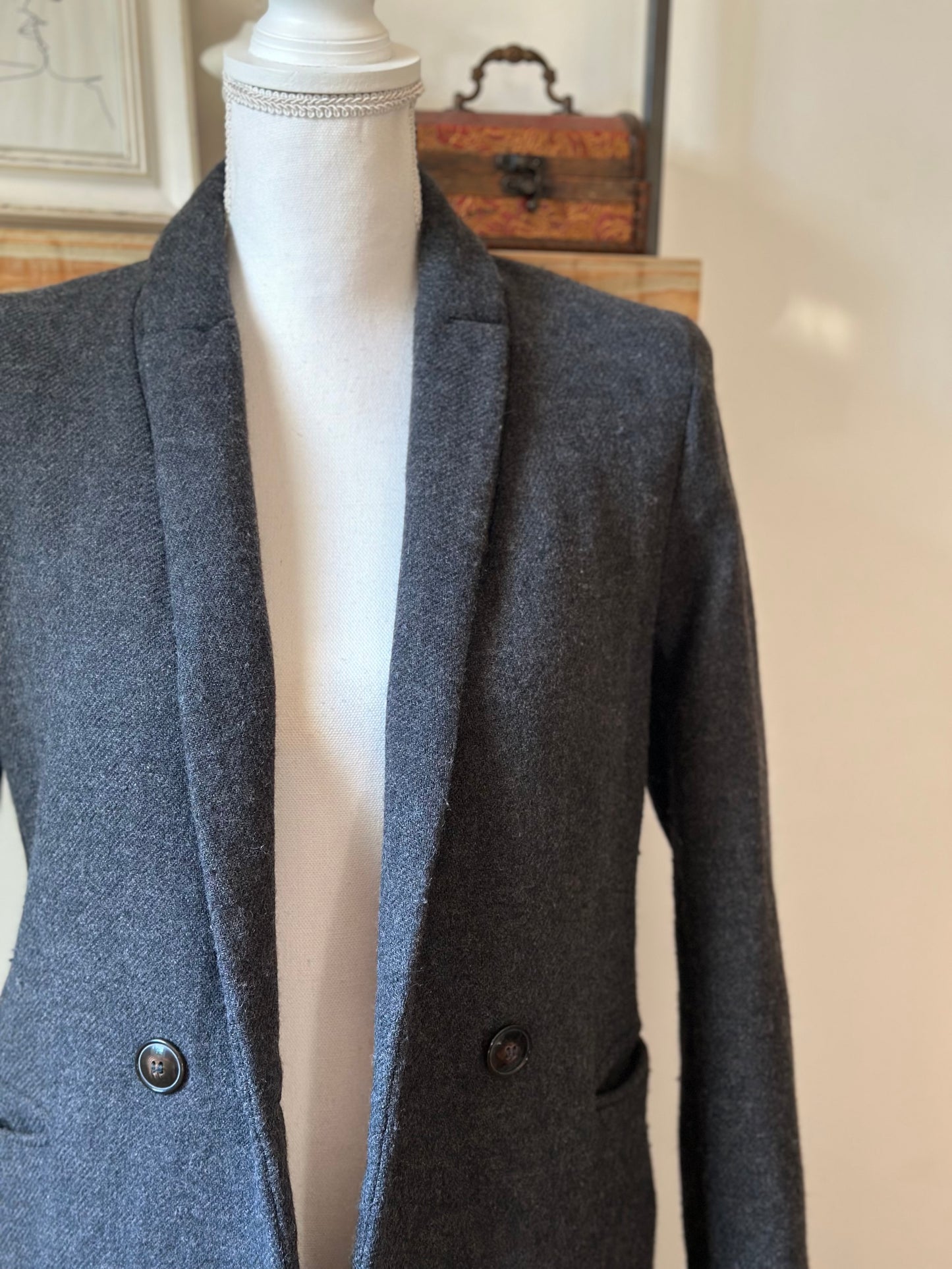 Manteau long croisé gris anthracite en laine T.34