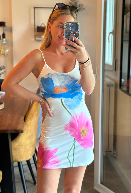 Robe satinée blanche à fines bretelles – Imprimé floral T.36