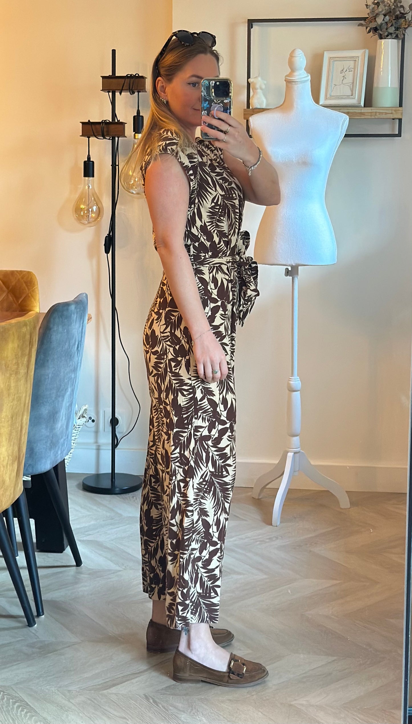 Combinaison fluide imprimé fleuri marron et beige en lin T.36