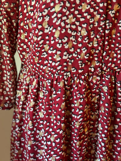 Robe fluide imprimé léopard bordeaux col V manches 3/4 T.42