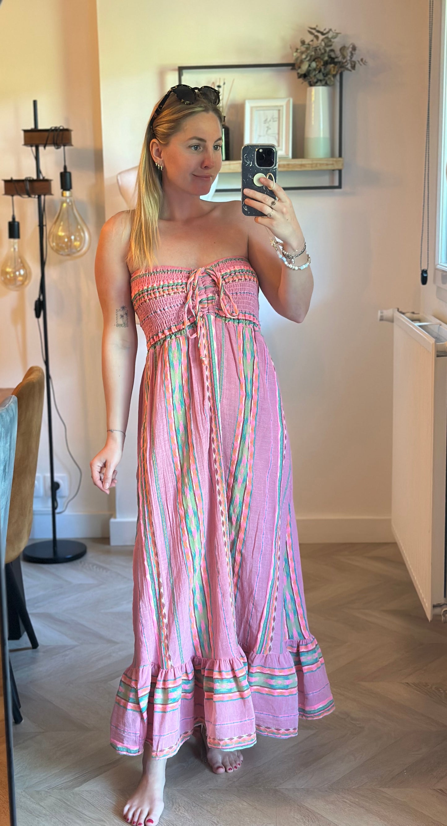 Robe longue bustier rayures multicolores en gaze de coton T.U