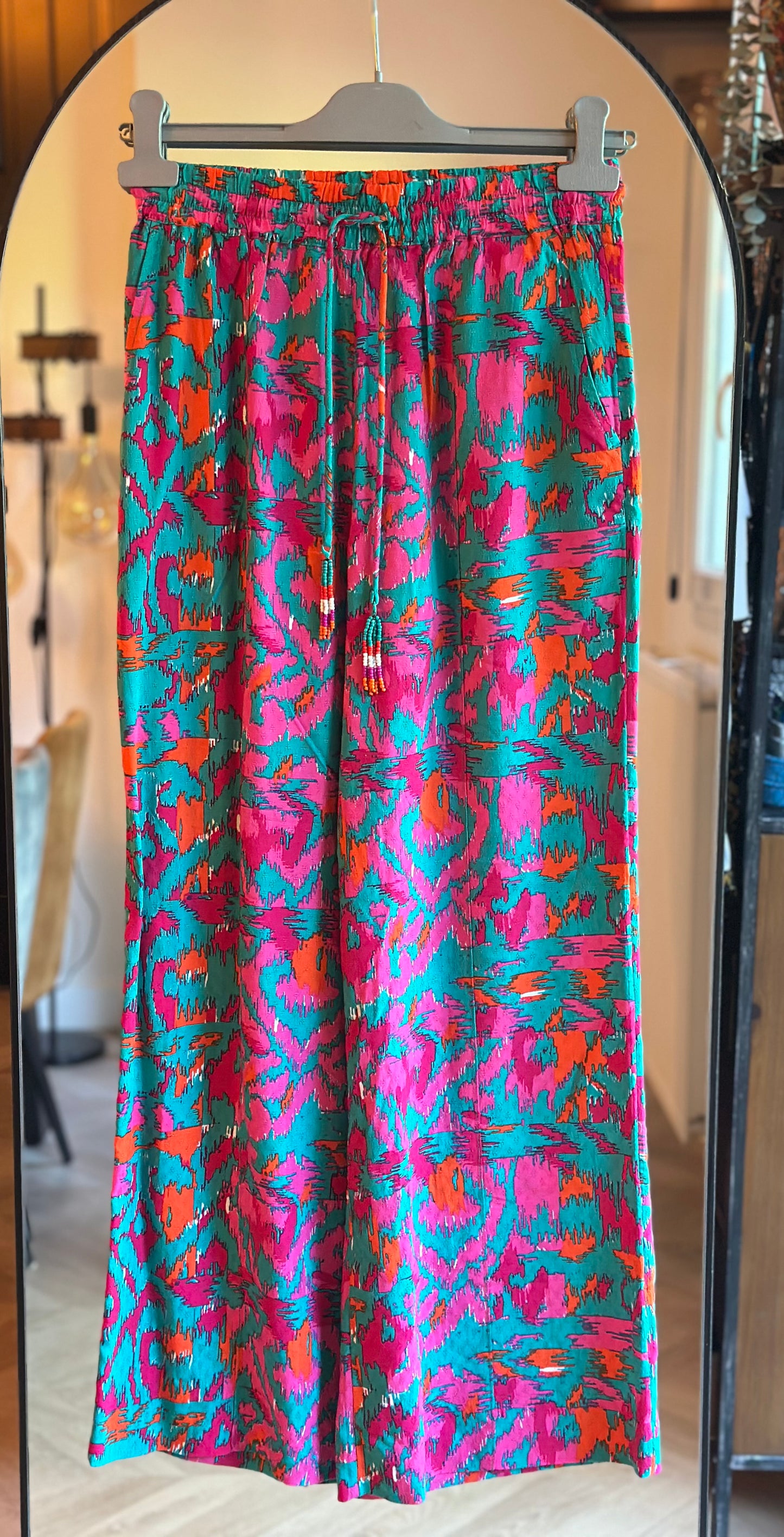Pantalon fluide large imprimé rose et turquoise T.34 neuf