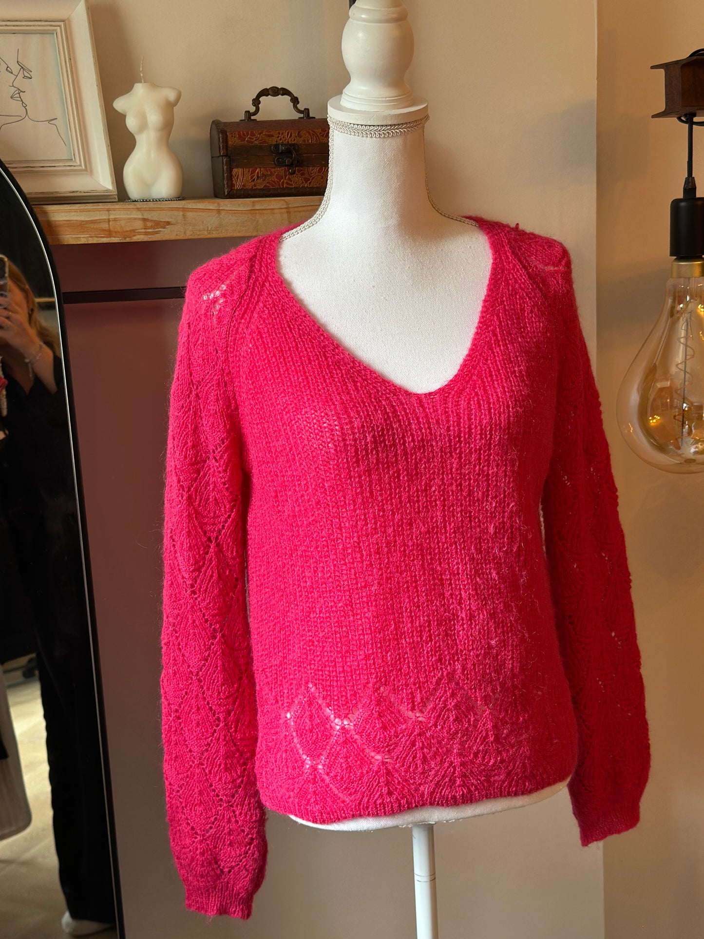 Pull maille ajourée rose mohair T.38/40