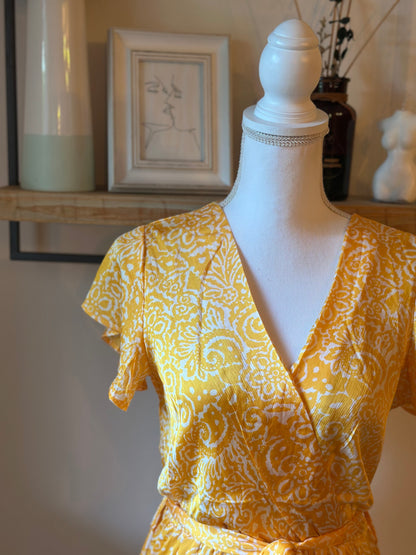 Robe midi imprimé jaune, neuve avec étiquette T.36/38
