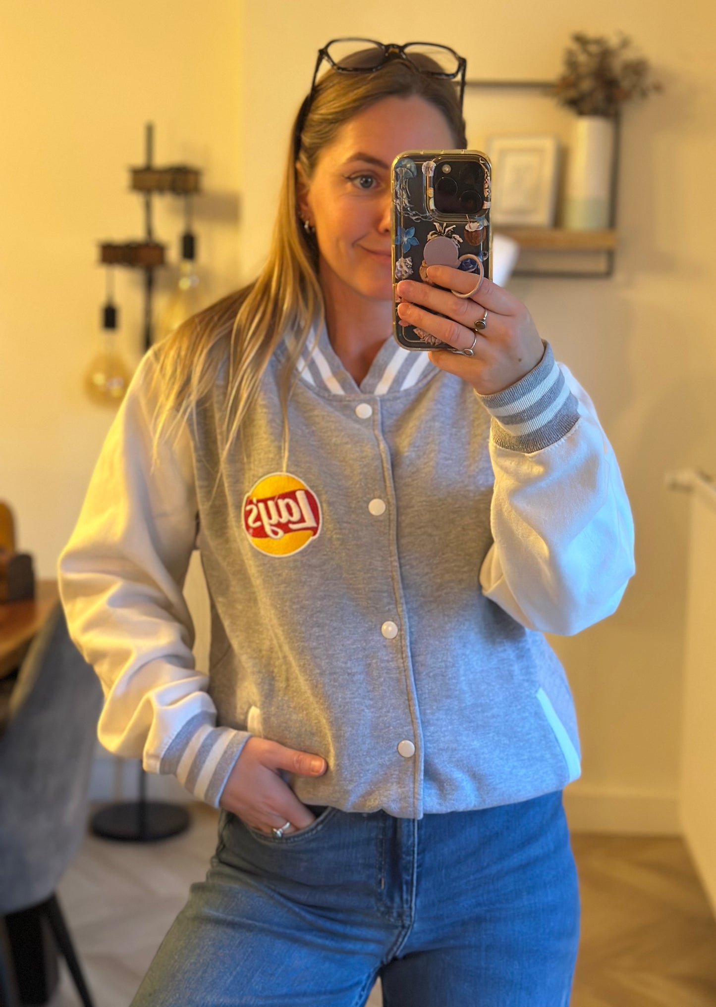 Veste teddy varsity gris et blanc logo Lay’s brodé T.38/40