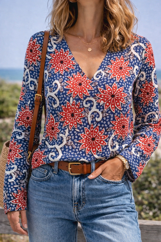Pull col v imprimé en coton bio T.36